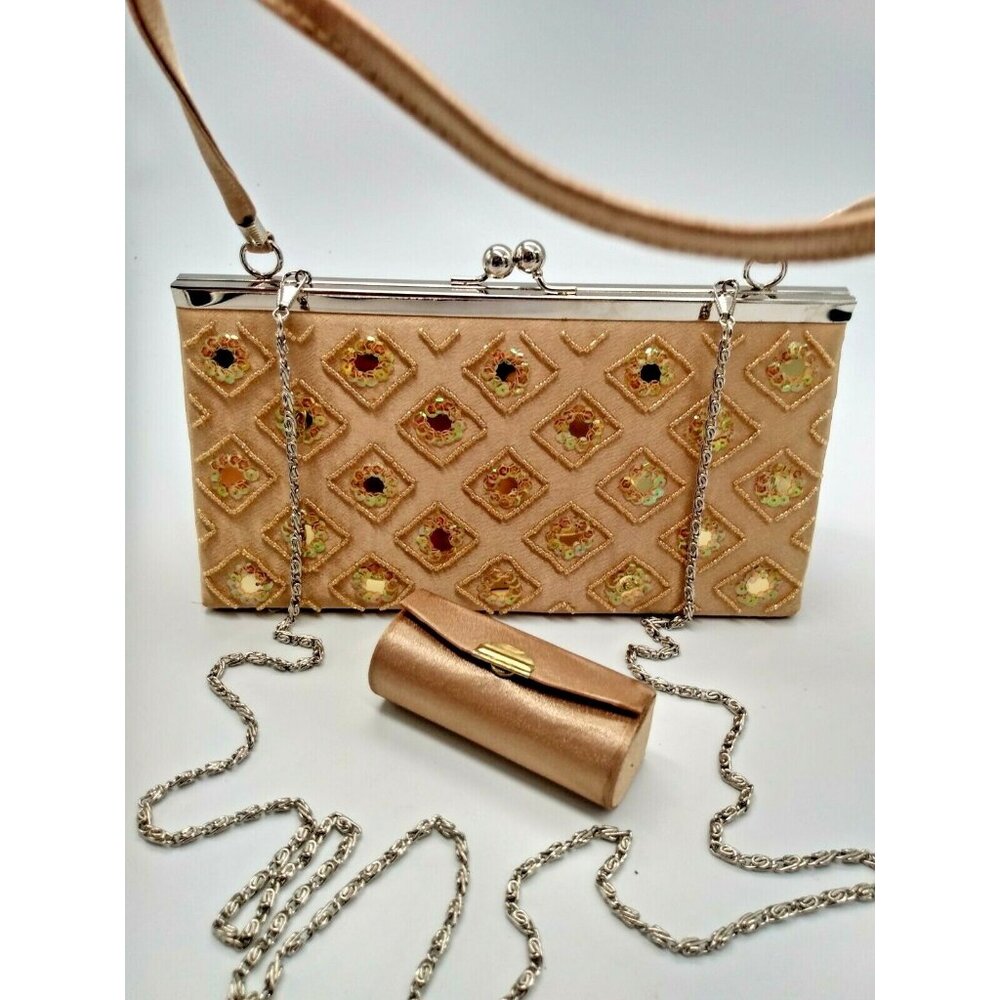 Ladies Evening Purse by Bertotti, gold sequined, with matching lipstick case
